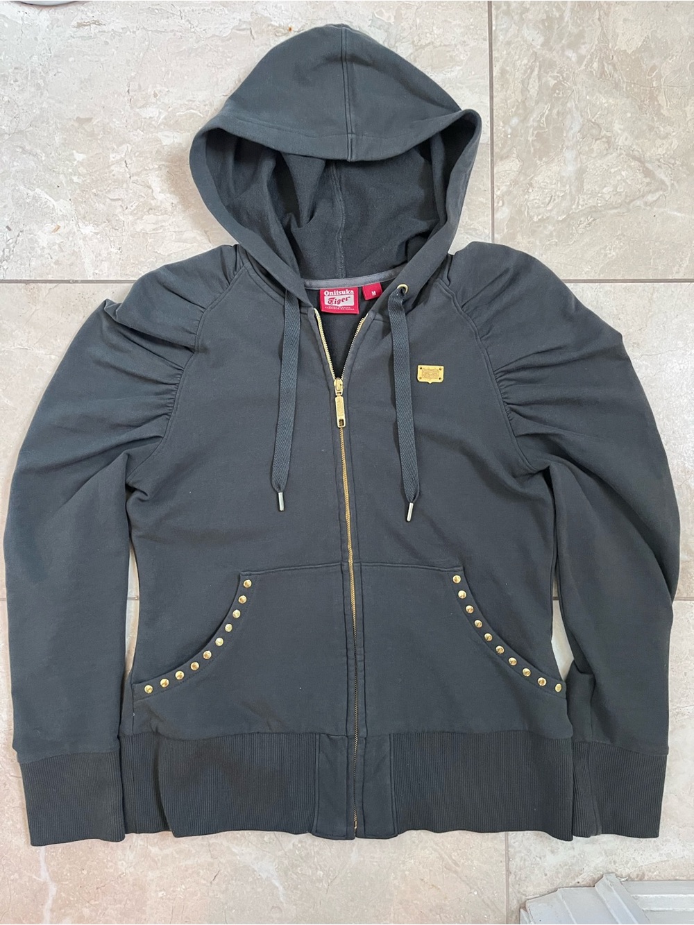 Onitsuka Tiger ASICS Studded Puff-Shoulder Hoodie - Rare Vintage Designer M